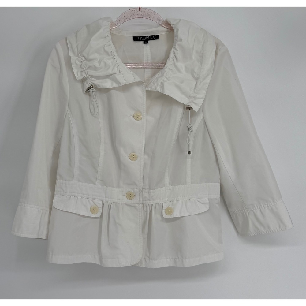 Tribella Womens White Ruffle Collar Button Front Jacket 3/4 Sleeve Sz 12